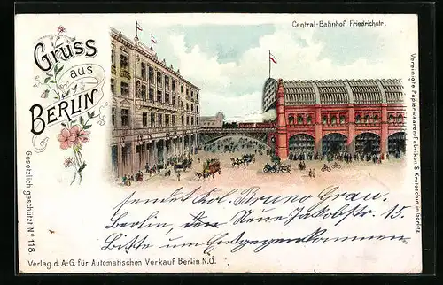 Lithographie Berlin, Central-Bahnhof Friedrichstrasse aus der Vogelschau