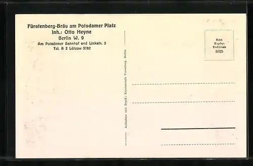 AK Berlin-W., Gasthaus Fürstenberg-Bräu am Potsdamer Platz, Am Potsdamer Bahnhof und Linkstrasse 3, Schwarzwaldstube