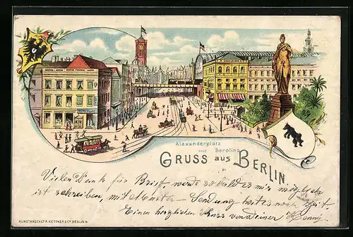 Lithographie Berlin, Alexanderplatz mit Berolina und Strassenbahn