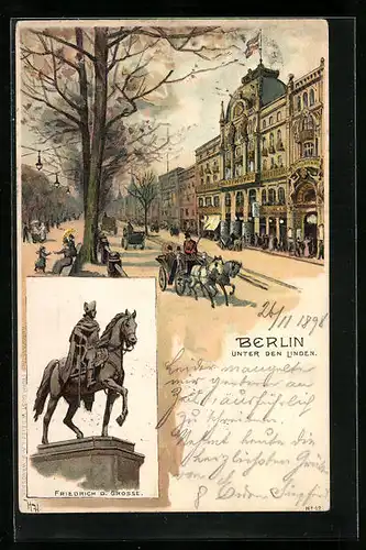 Lithographie Berlin, Unter den Linden mit Hotel und Pferdewägen, Friedrich d. Grosse