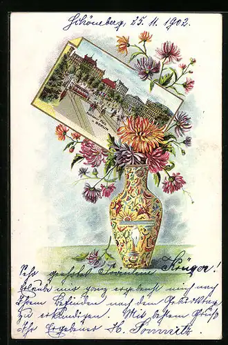 Lithographie Berlin, Potsdamer Platz mit Strassenbahn, Blumenvase, Passepartout