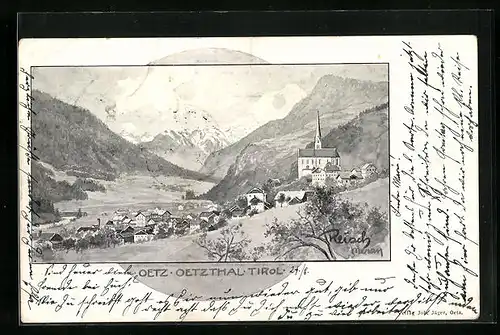 Künstler-AK F.A.C.M. Reisch: Oetz /Oetztal, Ortsansicht mit Bergpanorama