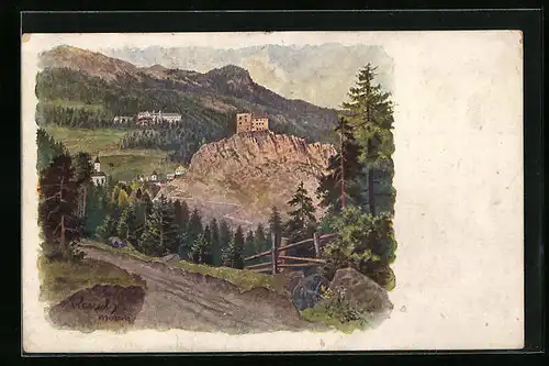 Künstler-AK F.A.C.M. Reisch: Landeck /Tirol, Kuranstalt Obladis von der Strasse gesehen