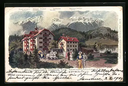 Künstler-AK F.A.C.M. Reisch: Innsbruck, Hotel Lansersee mit Kutsche und Gästen
