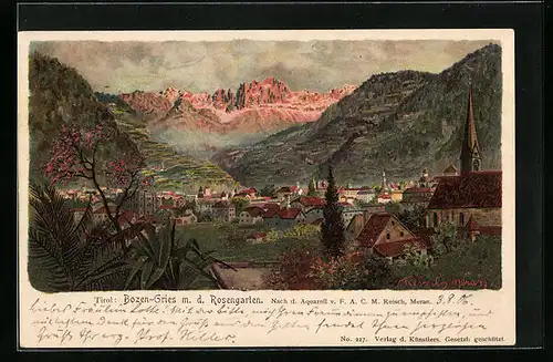 Künstler-AK F.A.C.M. Reisch: Bozen-Gries, Panorama des Ortes mit Rosengarten