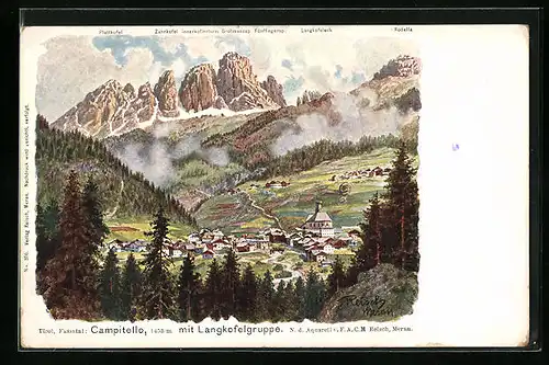 Künstler-AK F.A.C.M. Reisch: Campitello, Ortsansicht mit Langkofelgruppe