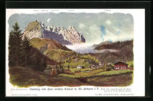 Künstler-AK F.A.C.M. Reisch: Gasteig bei St. Johann, Ortsansicht mit dem wilden Kaiser