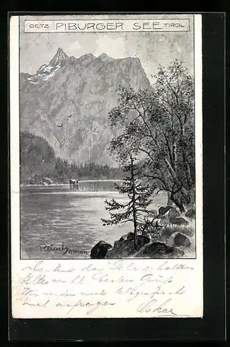 Künstler-AK F.A.C.M. Reisch: Oetz, Piburger See mit Berggipfel