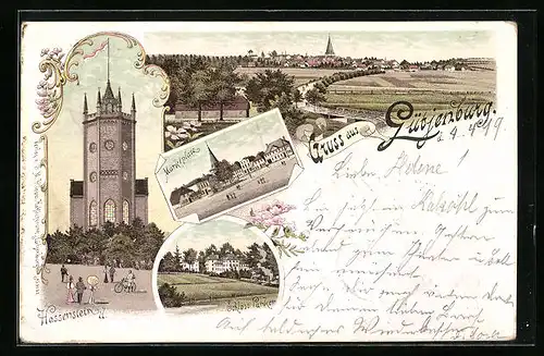 Lithographie Lütjenburg, Panorama der Stadt, Hessenstein, Marktplatz