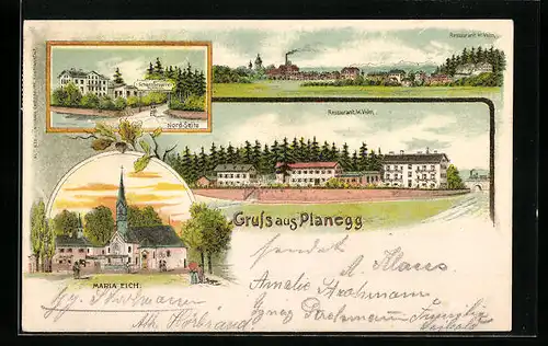 Lithographie Planegg, Restaurant W. Volm, Panorama des Ortes, Maria Eich