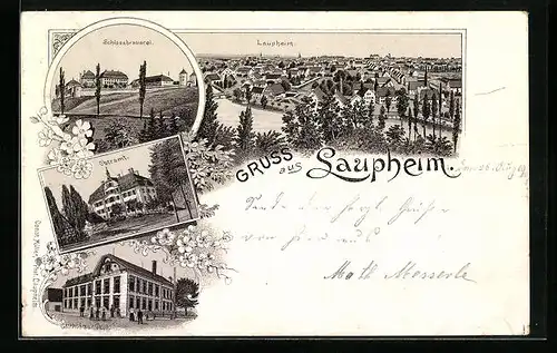 Lithographie Laupheim, Ortsansicht, Schlossbrauerei, Gasthof zur Post