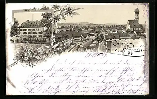 Lithographie Waal, Teilansicht aus der Vogelschau, Grosses Haus