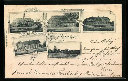 AK Rabenkirchen, Häuser Esmarch, Hansen, Carstensen und Johannsen, Mühle