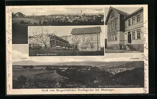 AK Meiningen, Gasthaus Bergschlösschen Dreissigacker, Panorama mit Hoher Geba