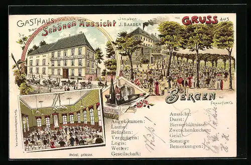 Lithographie Bergen bei Frankfurt a. M., Gasthaus zur Schönen Aussicht - Strassenansicht, Garten, Saal