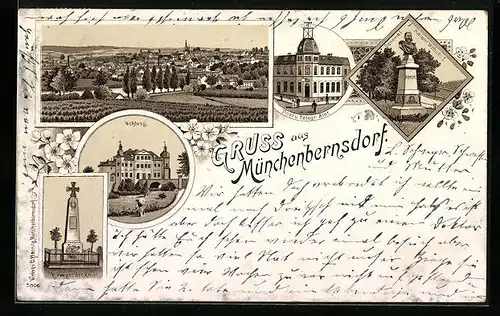Lithographie Münchenbernsdorf, Teilansicht, Schloss, Post- und Telegrafenamt