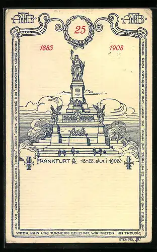 Künstler-AK Frankfurt /Main, Turnfest und 25 jähriges Jubiläum 1908, Niederwald-Denkmal