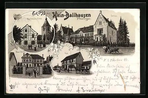 Lithographie Klein-Ballhausen i. Thür., Post, Schloss, Neue Schule, Kirche