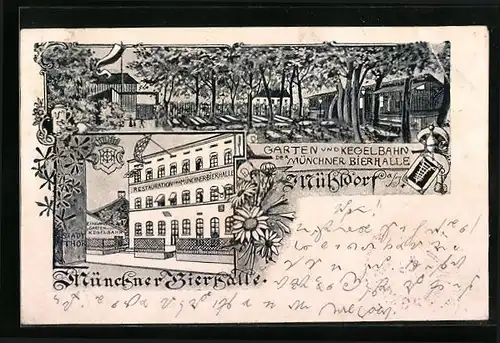 Künstler-AK Mühldorf a. I., Restaurant Münchner Bierhalle Garten und Kegelbahn