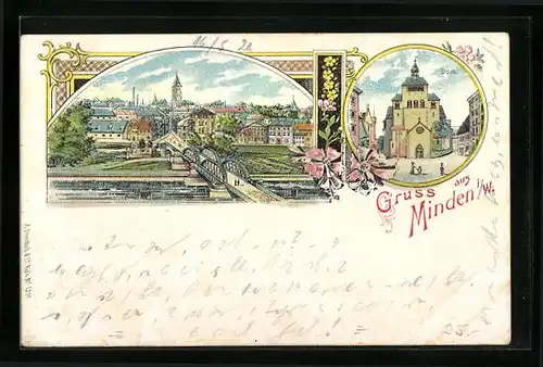 Lithographie Minden i. W., Teilansicht mit Brücke, Dom