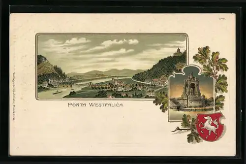 Passepartout-Lithographie Porta Westfalica, Panorama mit Denkmal, Wappen