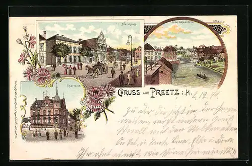Lithographie Preetz i. H., Sparkasse, Marktplatz, An der Schwentiene