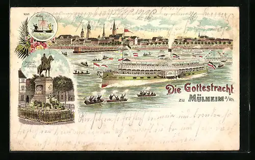 Lithographie Mülheim a. Rh., Die Gottestracht, Teilansicht mit Dampfer Stadt Köln, Denkmal Kaiser Wilhelm I.
