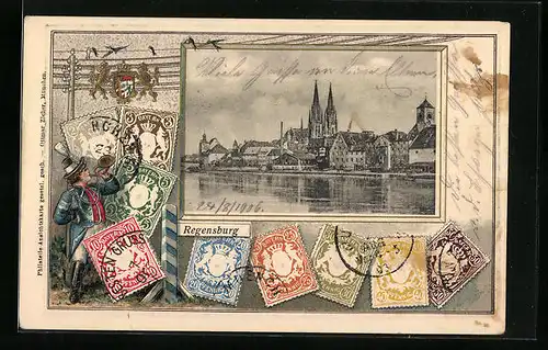 AK Regensburg, Uferpartie mit Kirche, Postbote am Telegraphenmast u. Briefmarken