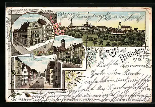 Lithographie Dillingen a. D., Rathäuser, Königliches Lyceum, Königs-Strasse