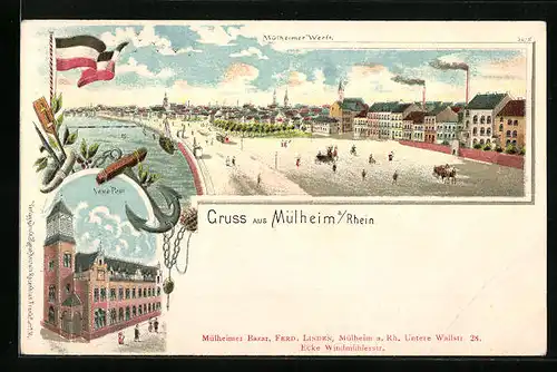 Lithographie Mülheim a. Rhein, Neue Post, Mülheimer Werft