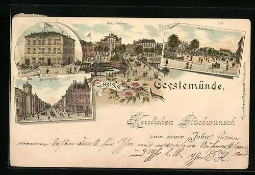 Lithographie Geestemünde, Hotel Lehrke, Geestebrücke, Marktplatz, Neujahrsgruss