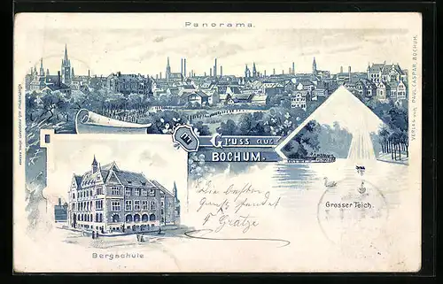 Lithographie Bochum, Panorama, Bergschule, Grosser Teich