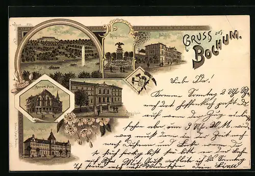 Lithographie Bochum, Kaufhaus Kortum, Bahnhof, Bengschule