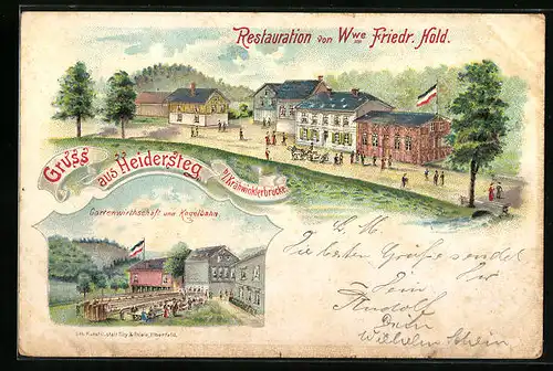 Lithographie Heidersteg / Radevormwald, Restaurant von Witwe Friedr. Hold, Gartenwirtschaft und Kegelbahn