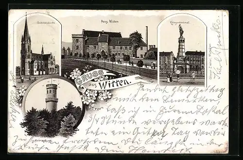 Lithographie Witten, Haus Witten, Helenenturm, Kriegerdenkmal