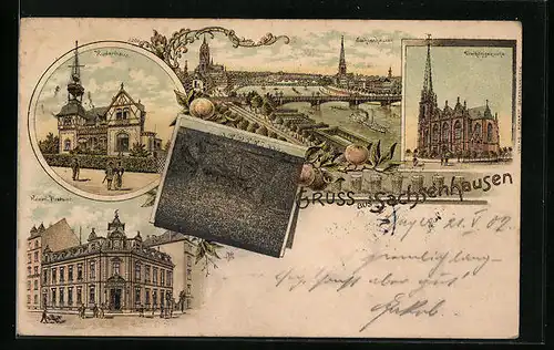 Lithographie Sachsenhausen, Ruderhaus, Dreikönigskirche, Kaiserliches Postamt