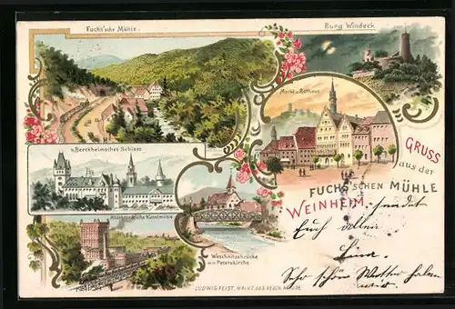 Lithographie Weinheim, Gasthaus Fuchs`sche Mühle, Burg Windeck bei Mondschein, Hildebrandt`sche Kunstmühle