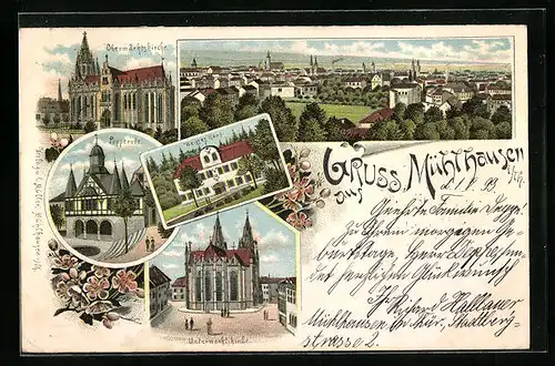 Lithographie Mühlhausen, Totalansicht mit Obermarktskirche