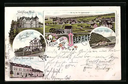 Lithographie Oberhof, Totalansicht mit Hotel und Pension Sanssouci