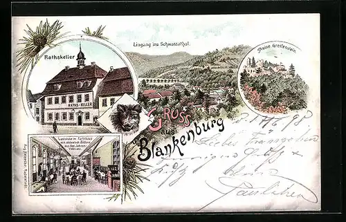 Lithographie Blankenburg, Eingang ins Schwarzathal mit Rathskeller