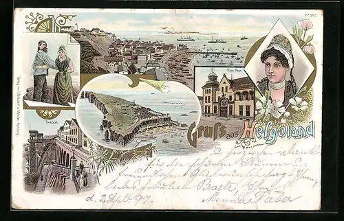 Lithographie Helgoland, Totalansicht mit Hafenpartie