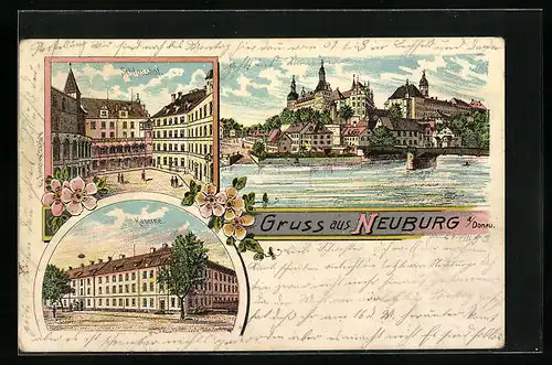Lithographie Neuburg a. Donau, Ortsansicht mit Schlosshof