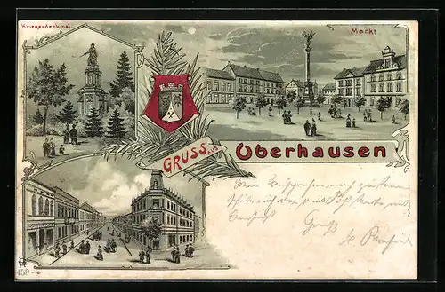 Mondschein-Lithographie Oberhausen, Markt und Kriegerdenkmal