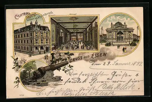 Lithographie Essen, Central Hotel mit Stadttheater