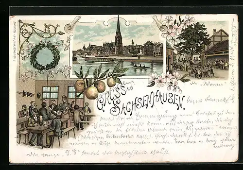 Lithographie Sachsenhausen, Totalansicht mit Gastwirtschaft