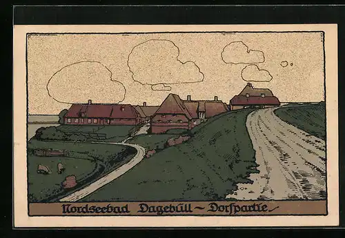 Steindruck-AK Dagebüll, Dorfpartie mit weidenden Rindern