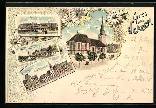 Lithographie Uelzen, Kirche und Bahnhof