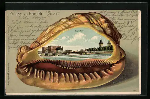 Passepartout-Lithographie Hameln, Lachsfang mit Muschel