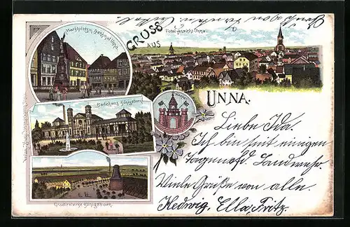 Lithographie Unna, Gradierwerke Königsborn, Badehaus-Königsborn, Marktplatz mit Denkmal