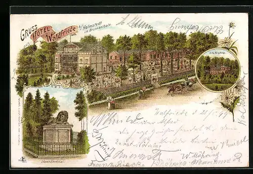 Lithographie Helmstedt im Brunnenthale, Hotel Waldfriede, Villa Burgberg, Löwendenkmal